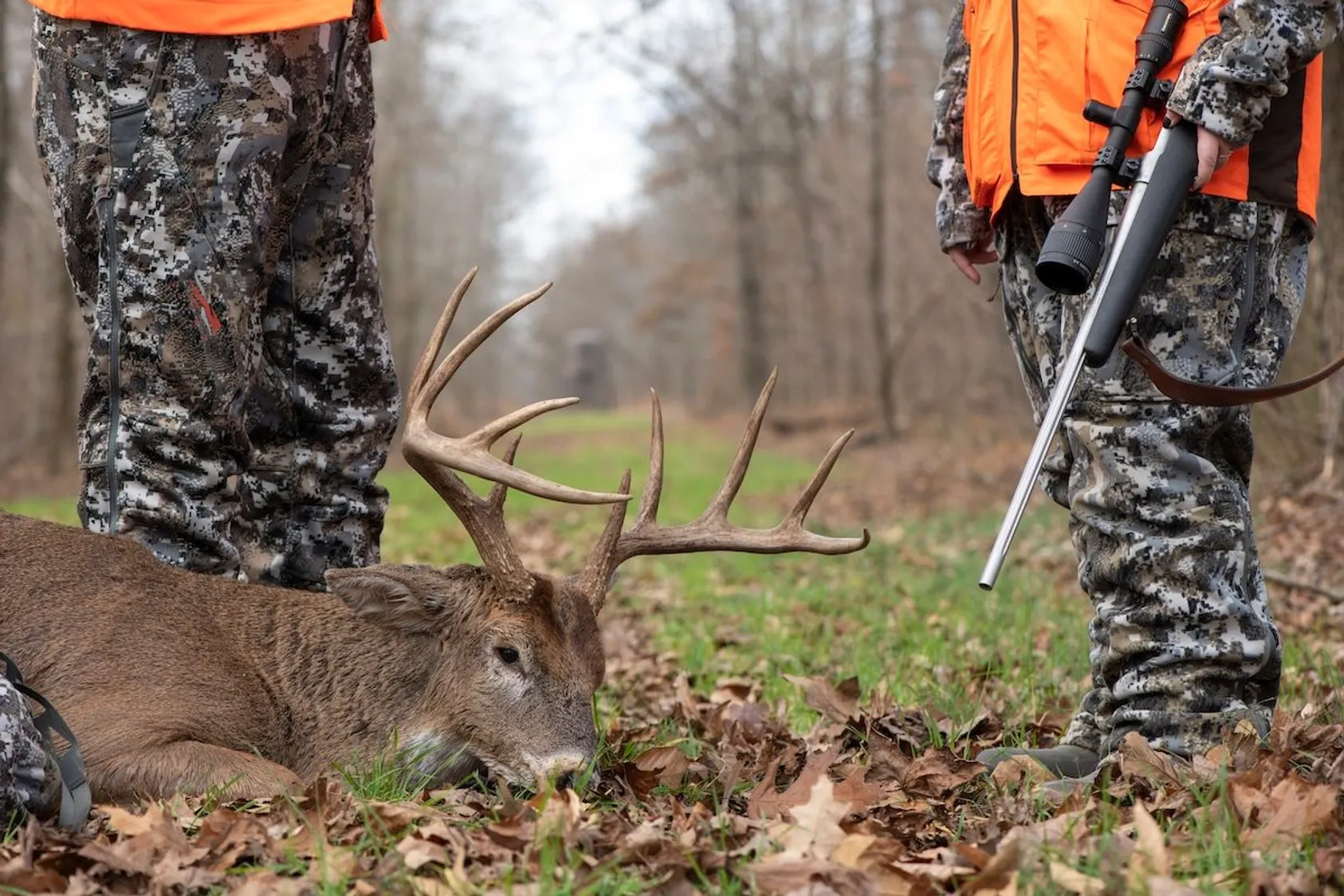 Hunter in camouflage clothing kneeling beside harvested whitetail deer buck in wooded area, demonstrating hunting opportunities on rural property