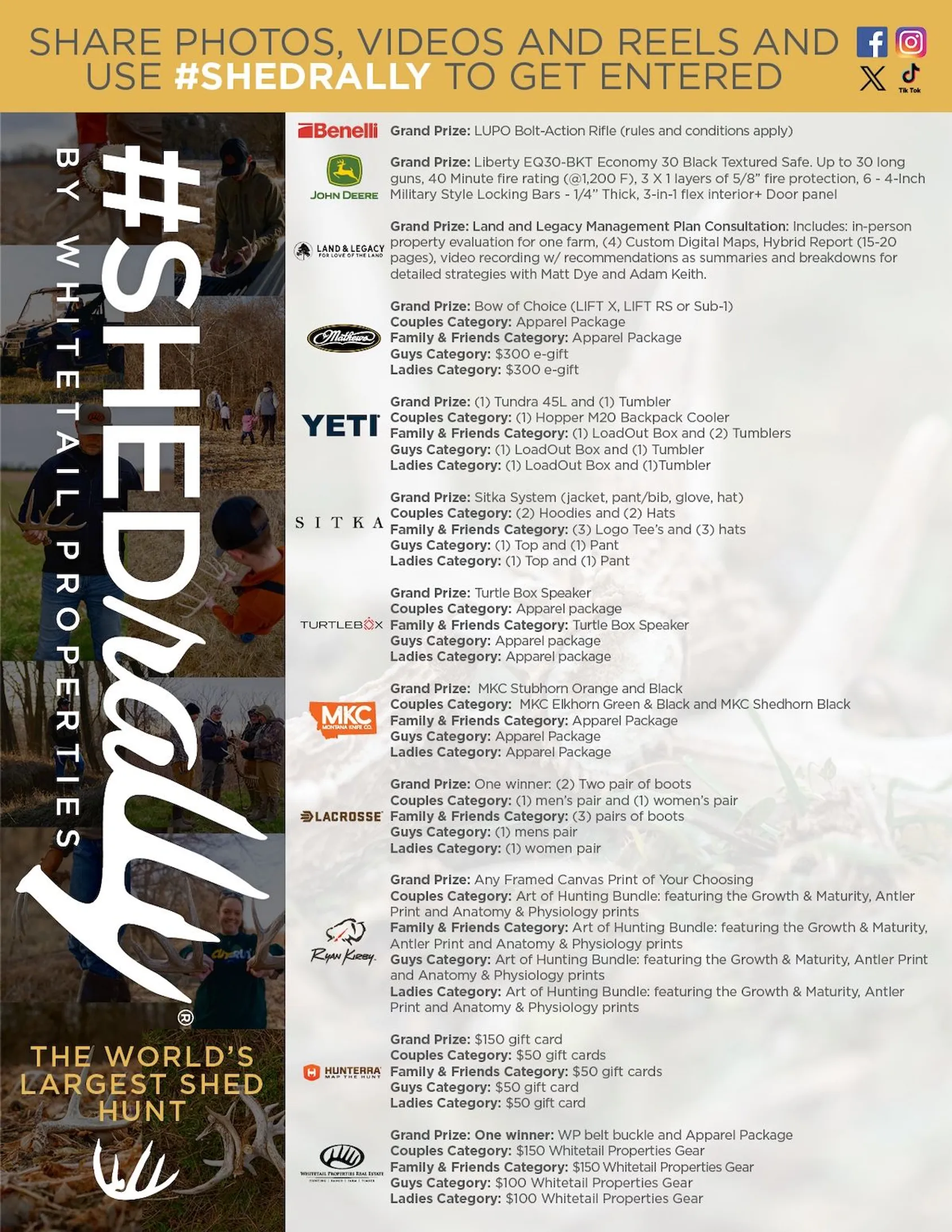 Shed Rally giveaway promotional flyer listing prizes and sponsors for 2025 shed hunting contest, featuring outdoor gear and hunting equipment from multiple brands