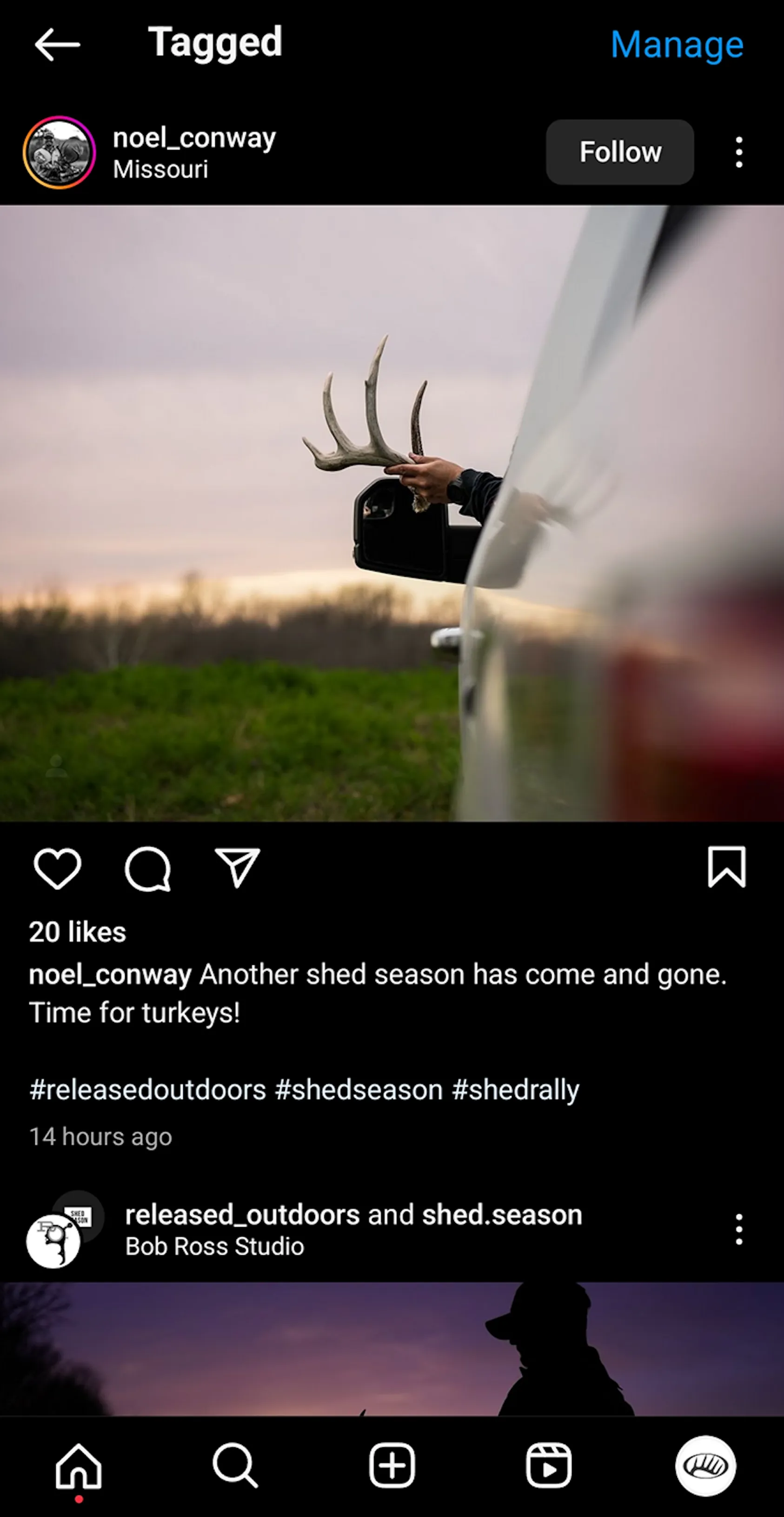 Social media post showing deer antler mounted in pickup truck window against rural landscape, representing shed hunting trophy and outdoor lifestyle