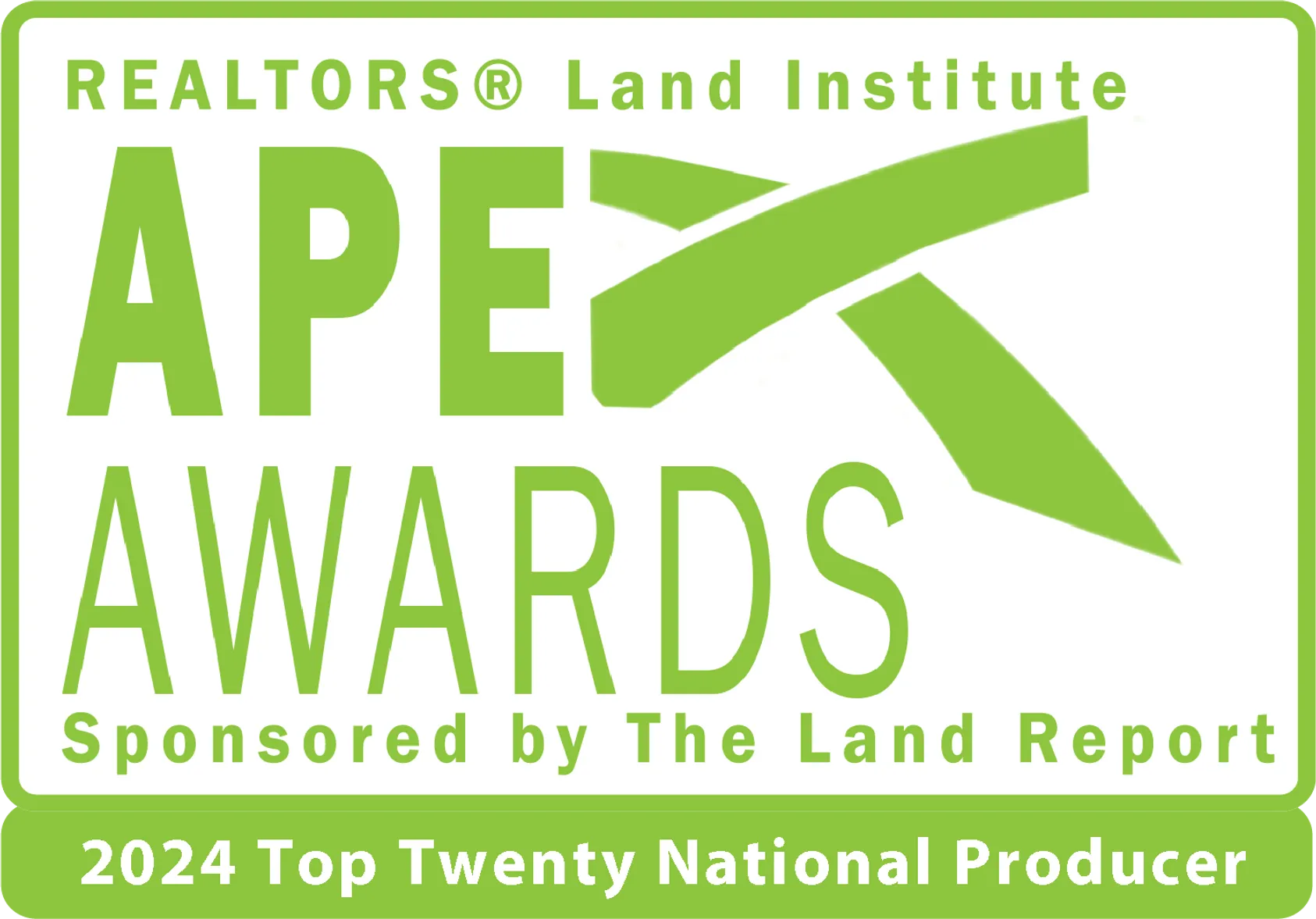 REALTORS Land Institute APEX Awards logo with green text and bird graphic, sponsored by The Land Report
