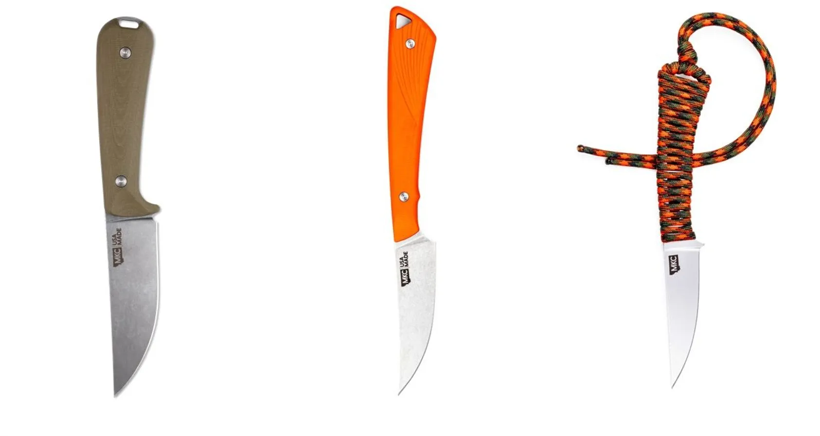 MKC MagnaCut Mini-SpeedGoat 2.0, SharpTailed in Orange, and StubHorn in Olive hunting knives displayed, showing Montana Knife Company's quality field processing tools