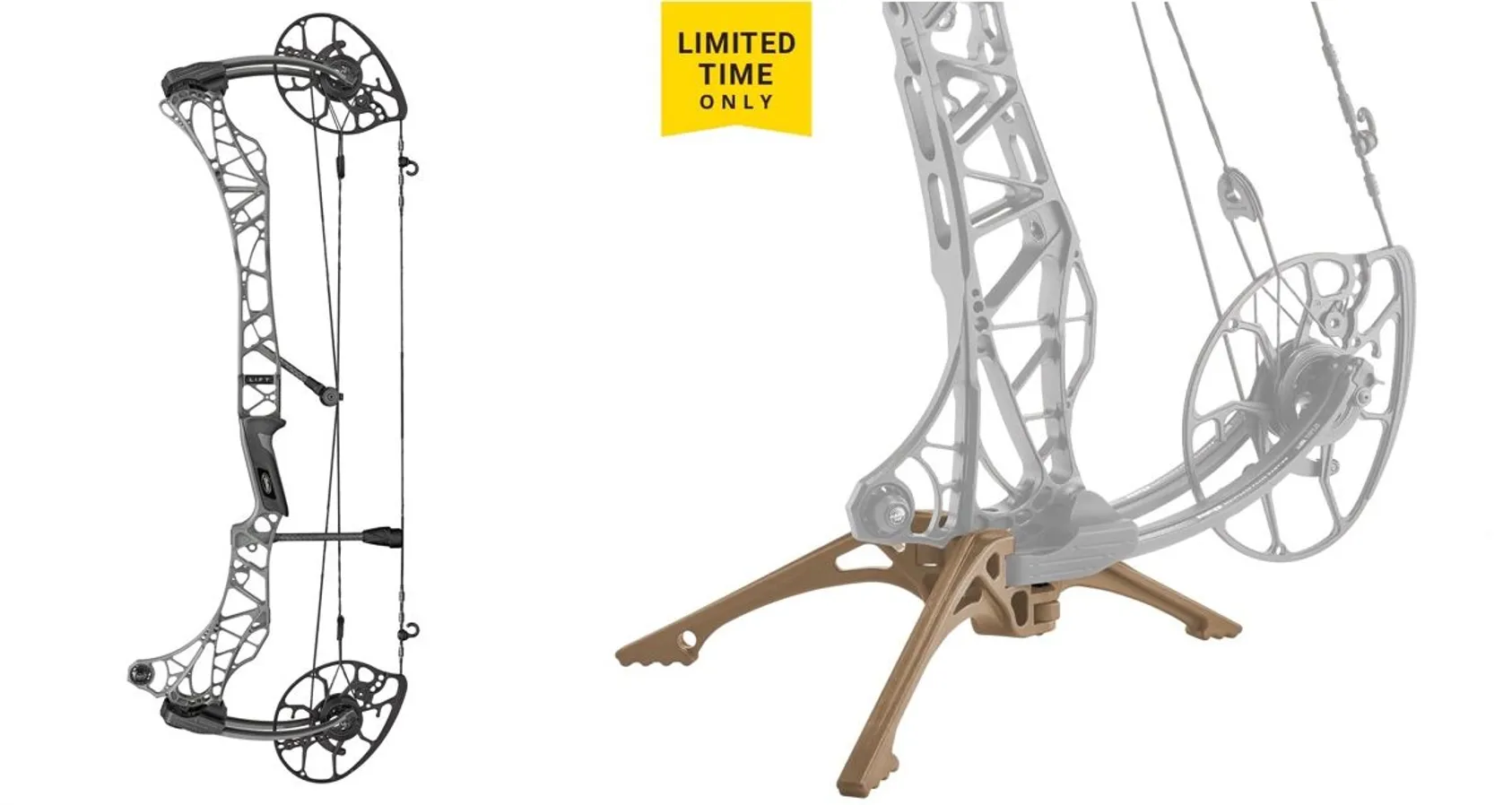 Mathews Lift X compound bow with Engage Exo Limb Legs bow stand set up for turkey hunting, demonstrating the compact design ideal for ground hunting