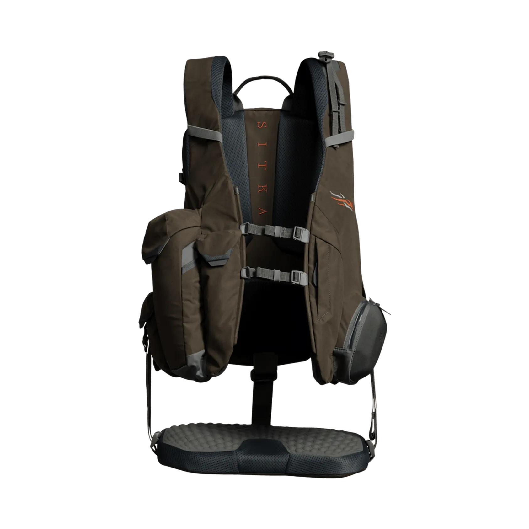 Sitka Equinox Turkey Vest in Optifade Cover camouflage fully loaded with turkey hunting gear, calls, and accessories organized in multiple pockets